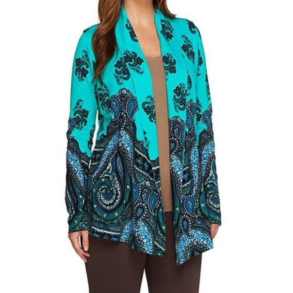 Isaac Mizrahi Live! | Bright Aqua Mixed Paisley Open Cardigan